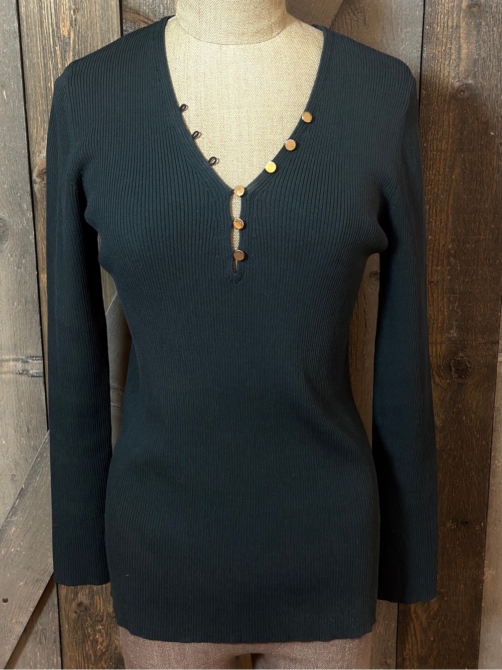 Sandro Paris Ribbed Knit Top Dark Green Gold Button V Neck Stretch Size Large